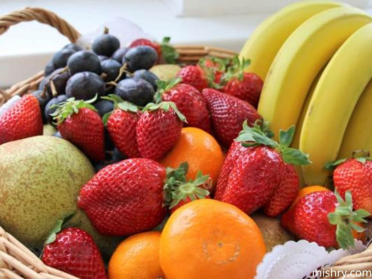 seasonal fruits kept in a fruit basket