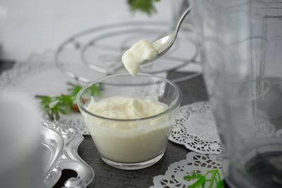 mayonnaise in a transparent glass bowl