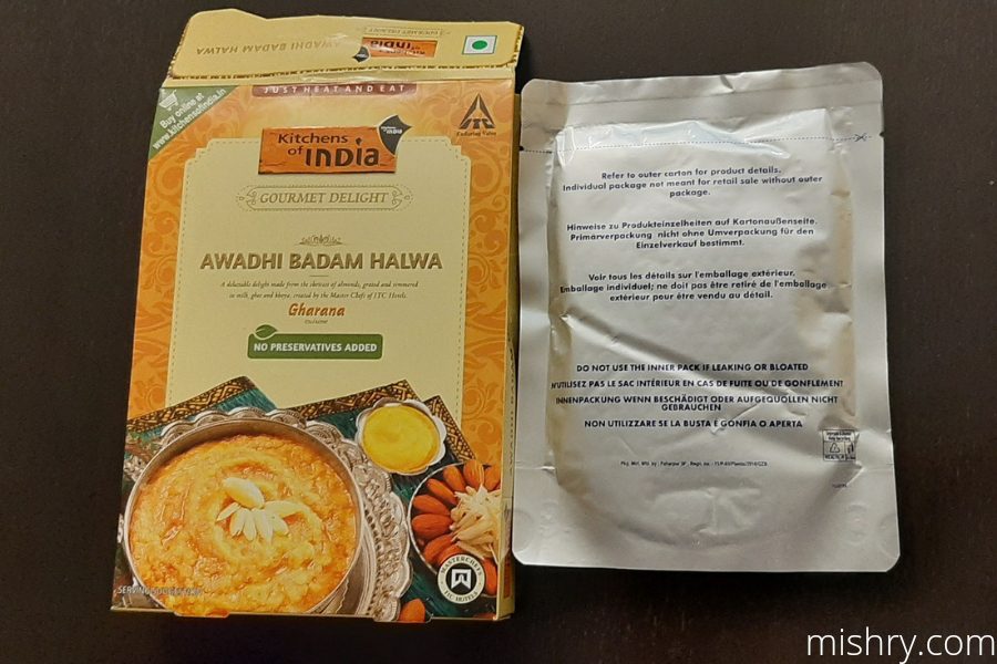 the inside packaging of itc masterchef kitchens of india badam halwa
