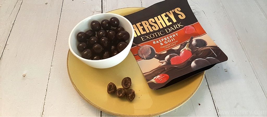 Hershey’s exotic dark chocolates raspberry and goji