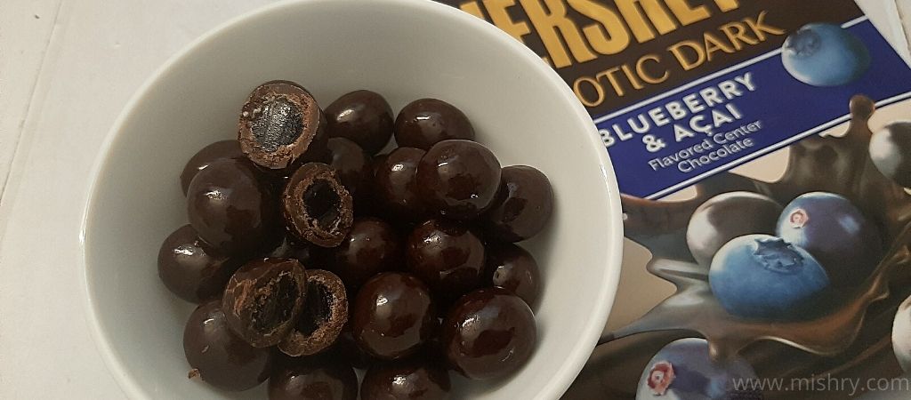 closer look at Hershey’s exotic dark chocolate blueberry and acai