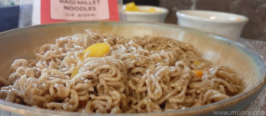 closer look at cooked ragi millet noodles in a plate
