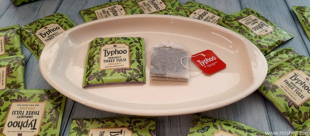 typhoo immunity three tulsi tea bag in a tray