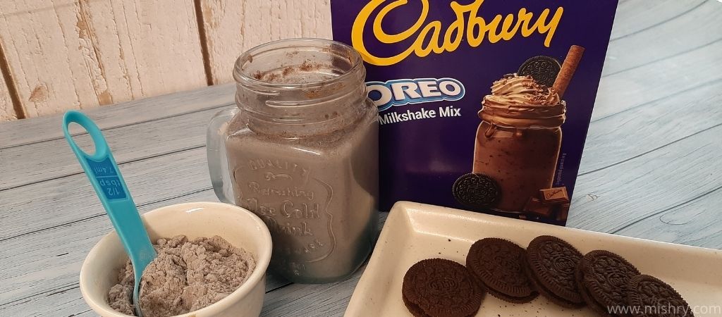 cadbury oreo milkshake mix and milkshake after mixing in the milk