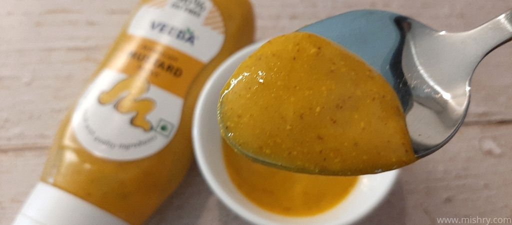 closer look at veeba mustard in a spoon