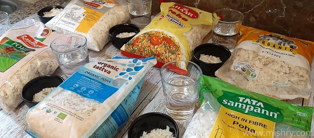 poha brands reviewed variants packets with water filled glasses and bowls with poha