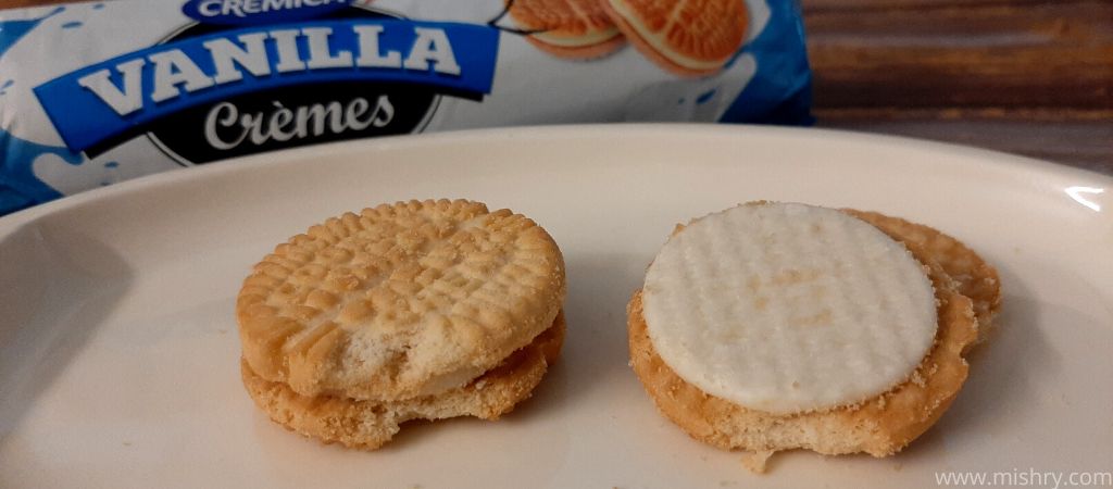 closer look at cremica vanilla cremes biscuits on a plate