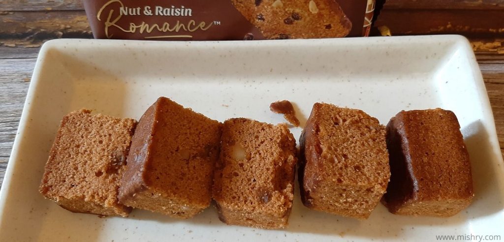 closer look at nut and raisin romance cake
