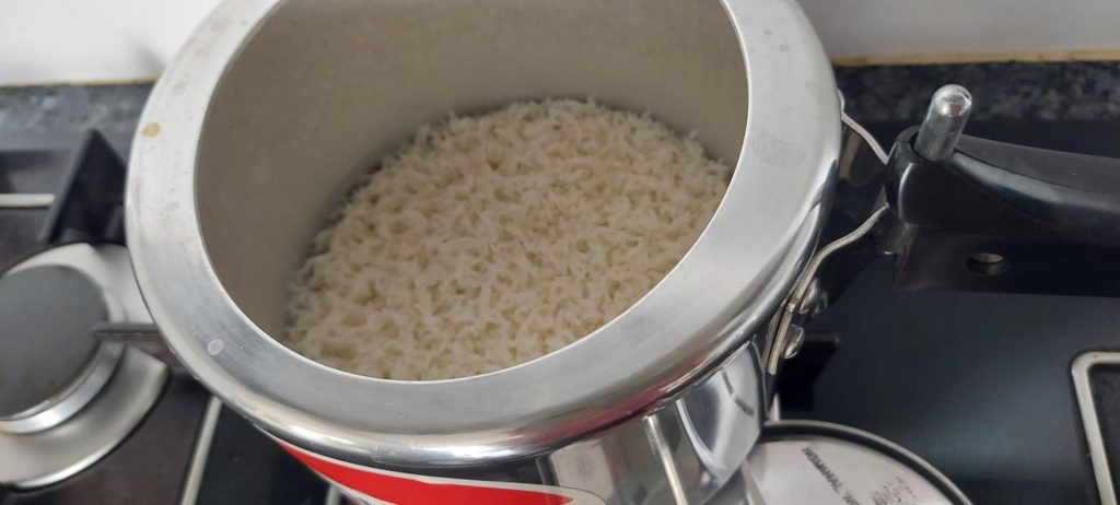 rice inside hawkins tall pressure cooker after cooking