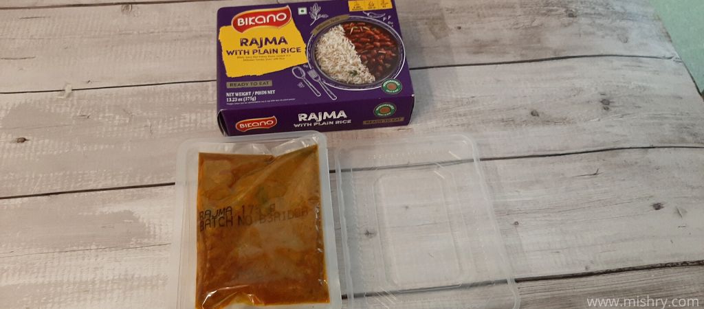 inside look at bikano rajma with plain rice packaging