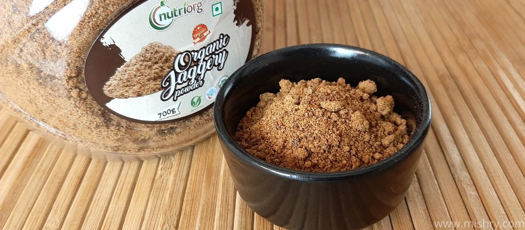 nutriorg organic jaggery powder in a bowl