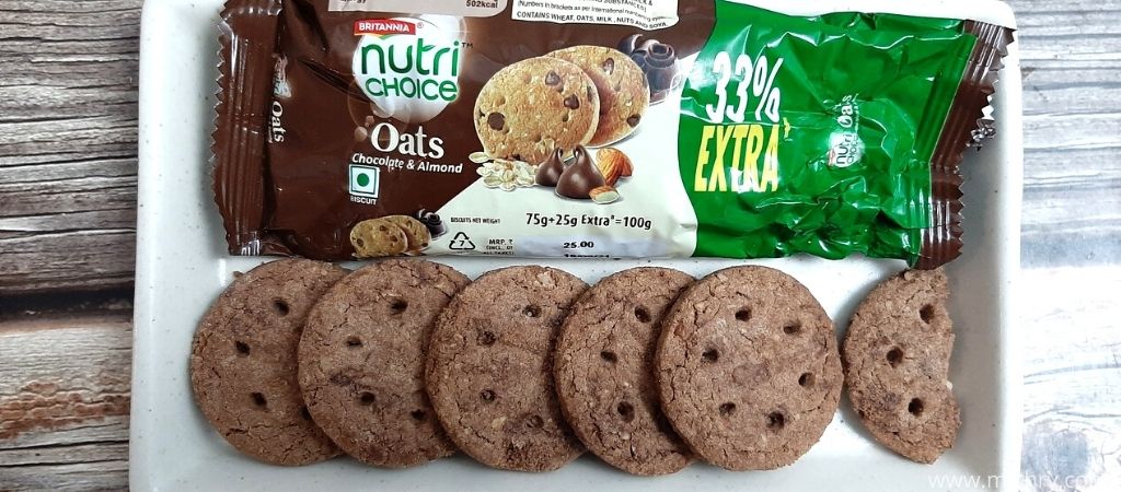 britannia nutri choice oats chocolate and almond cookies placed in a plate