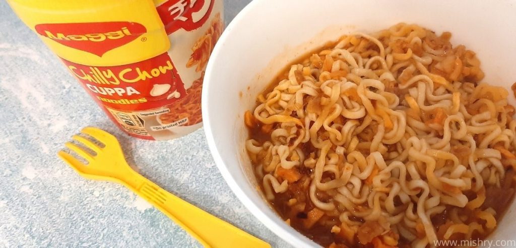 closer look at maggi cuppa noodles in a bowl after cooking