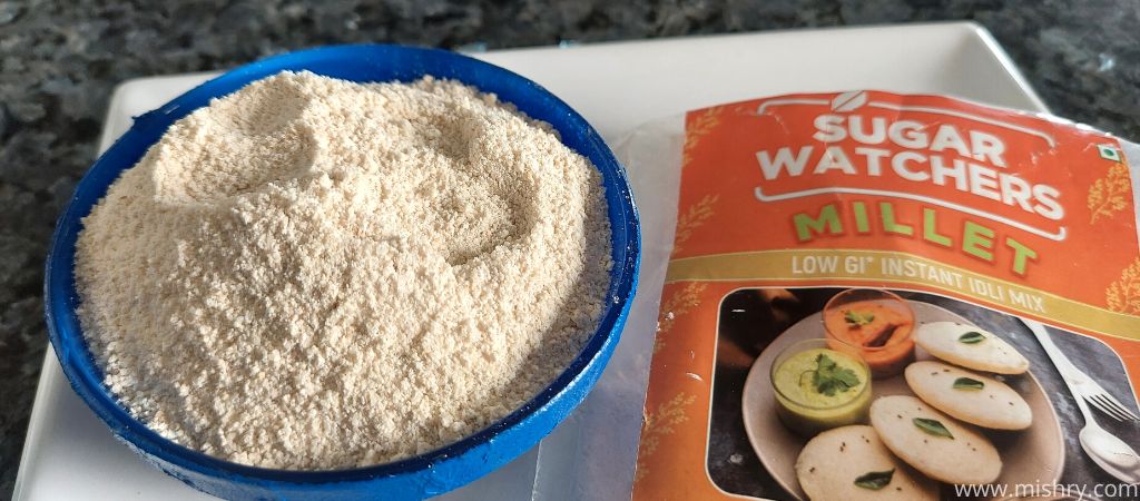 closer look at millet low gi instant idli mix in a bowl