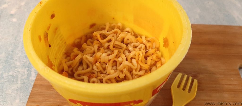 cooking maggi chilli chow cuppa noodles in its cup