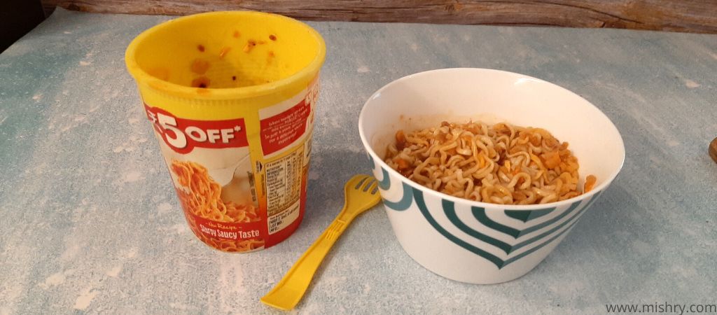 maggi cuppa noodles in a bowl after cooking