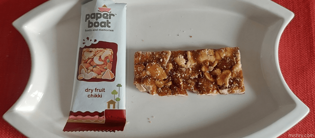 closer look at paper boat dry fruit chikki
