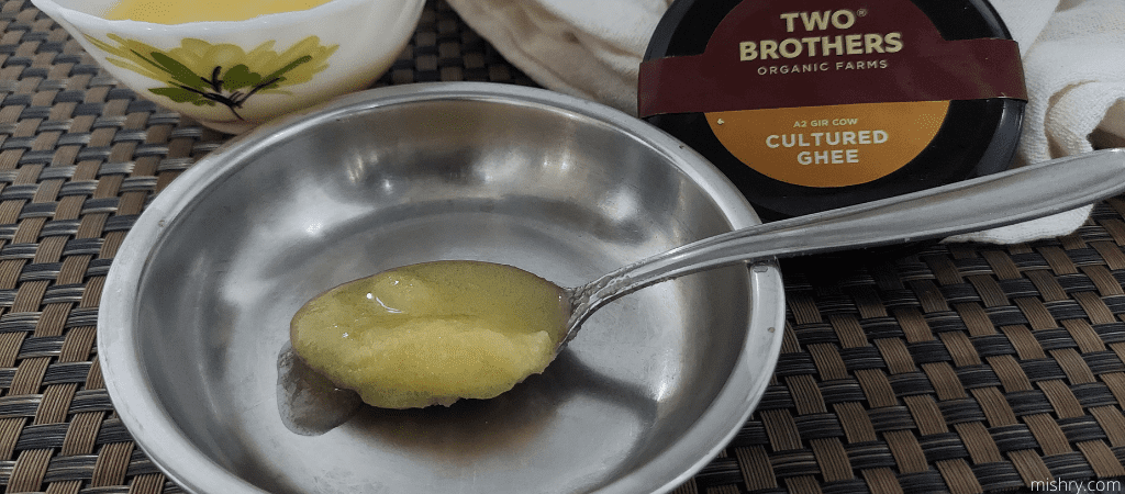 closer look at the a2 cultured ghee in a spoon