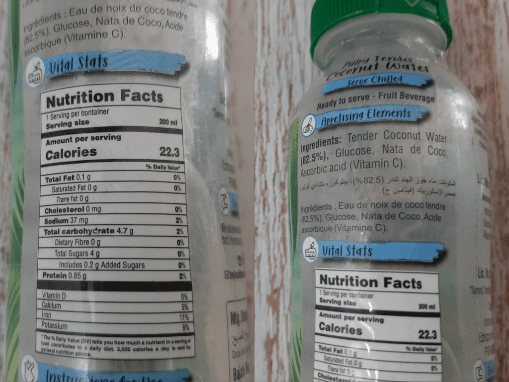 the nutrition facts and the ingredient list of sumeru pulpy tender coconut water