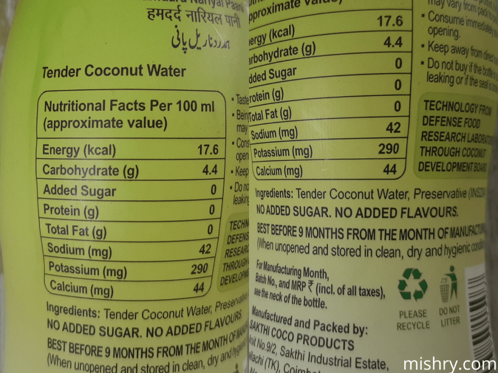 the nutrition label of hamdard nariyal paani tender coconut water