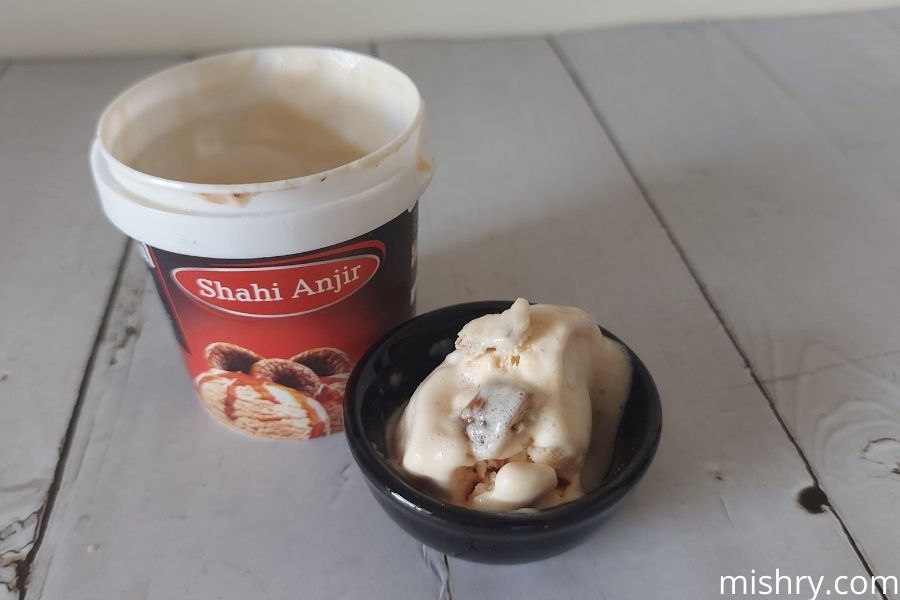 the contents of amul sugar free shahi anjir ice cream placed in a bowl