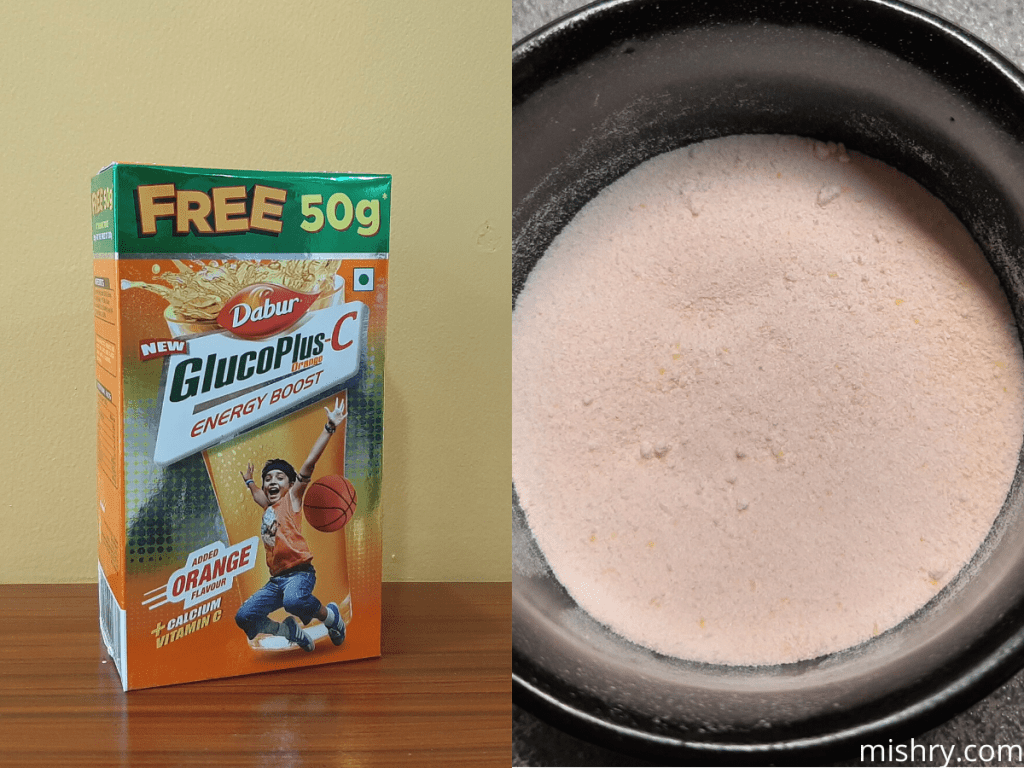 the dry powder mix and outer packaging of dabur glucoplus c orange energy boost