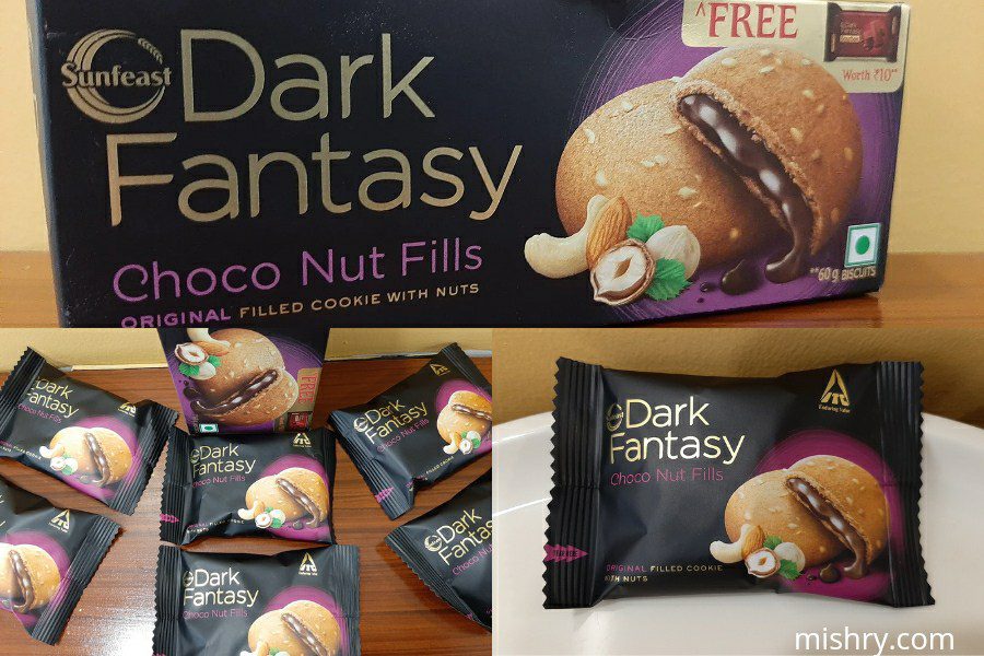 the overall packaging of sunfeast dark fantasy choco nut fills