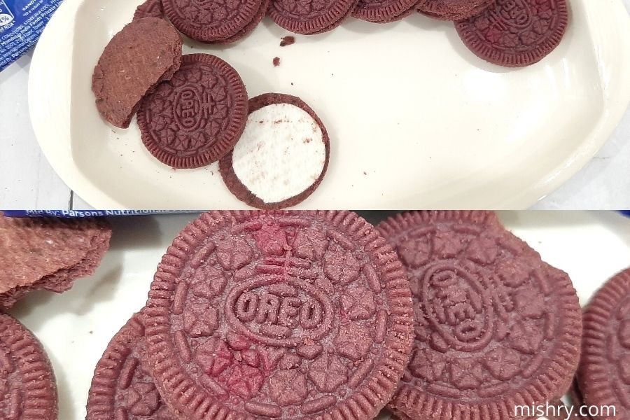 a close look at cadbury oreo red velvet biscuits