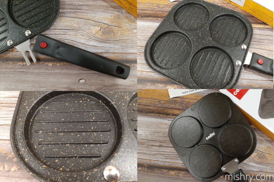 a close look at the material of cello non-stick 4 cavity aluminum uttapam pan