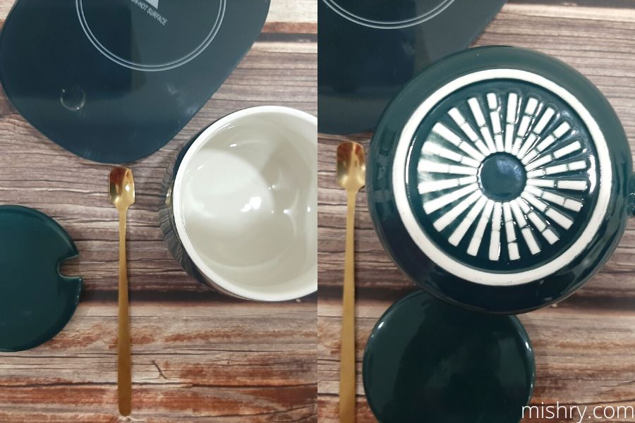 ceramic coffee mug warming plate metal spoon