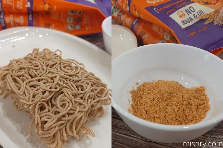 a close look at the uncooked schezwan noodles and the tastemaker