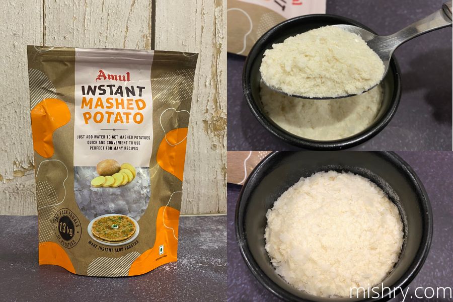 amul instant mashed potatos packaging and contents