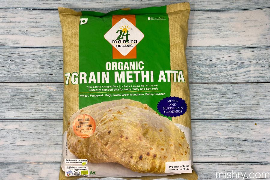 the packaging of 24 mantra organic 7 grain methi atta