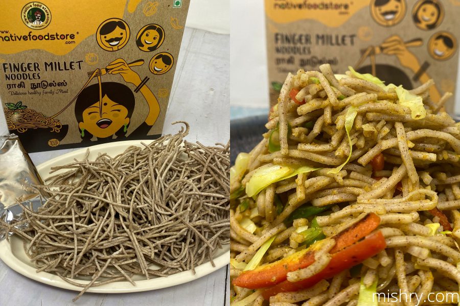 the finger millet noodles before and after the cooking process