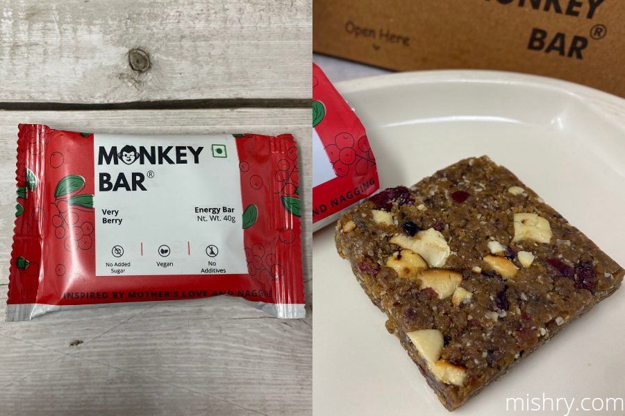 the packaging and macro shot of the very berry energy bar