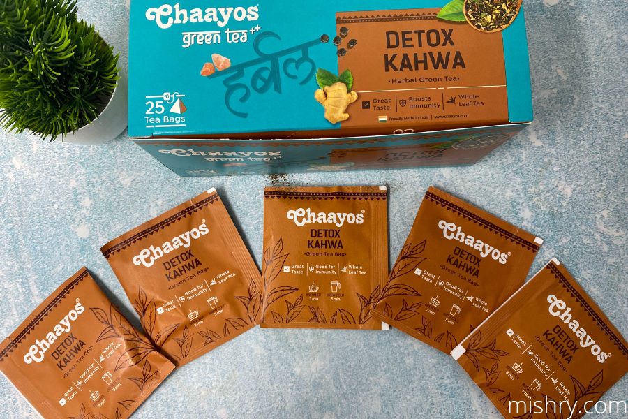 the inside packaging of chaayos detox kahwa green tea bags
