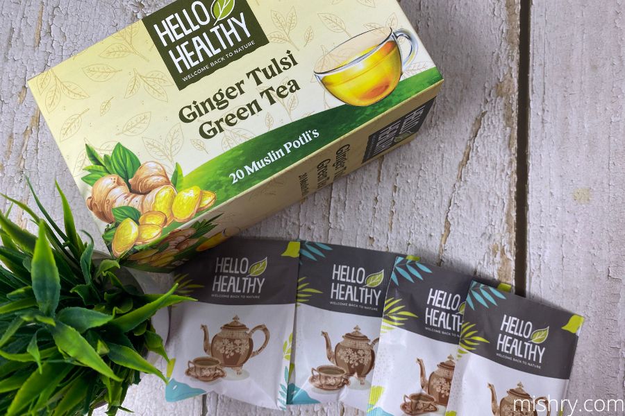 hello healthy green tea ginger tulsi packing