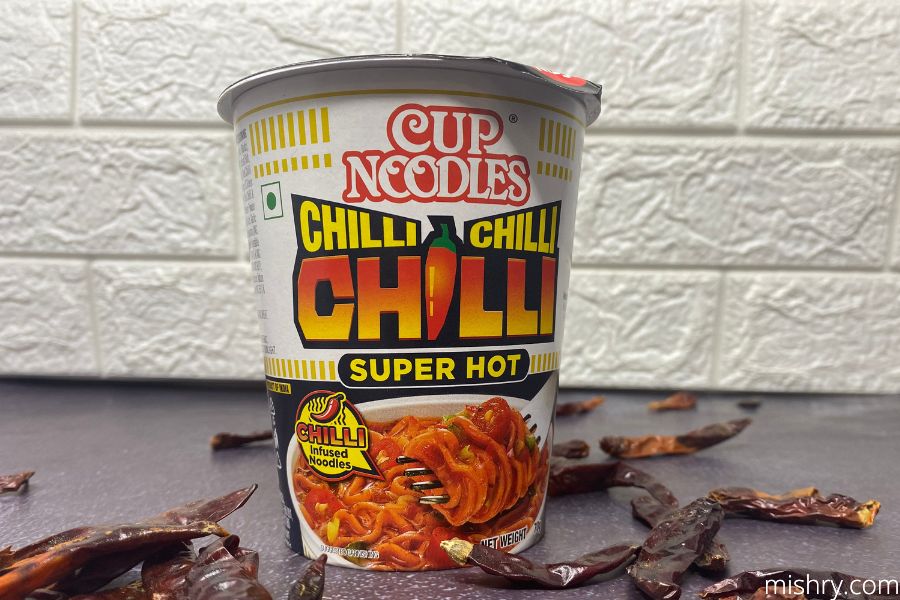 the packaging of nissin super hot chilli cup noodles