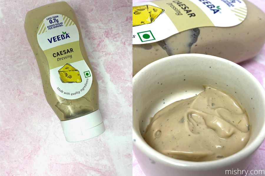 close look at the packaging and contents of veeba caeser dressing