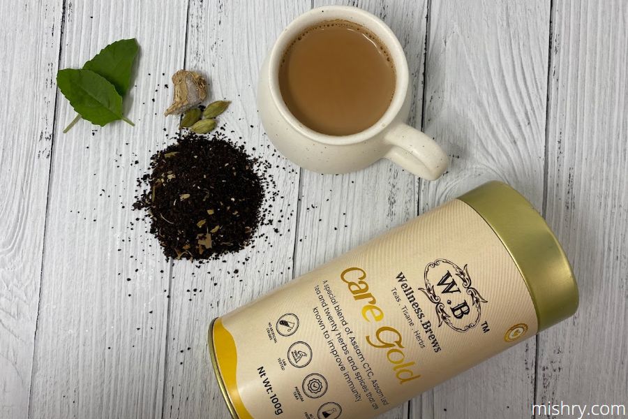 wellness brews care gold assam leaf tea with milk