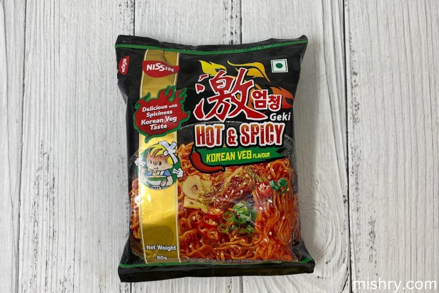 Nissin hot & spicy korean veg noodles packaging