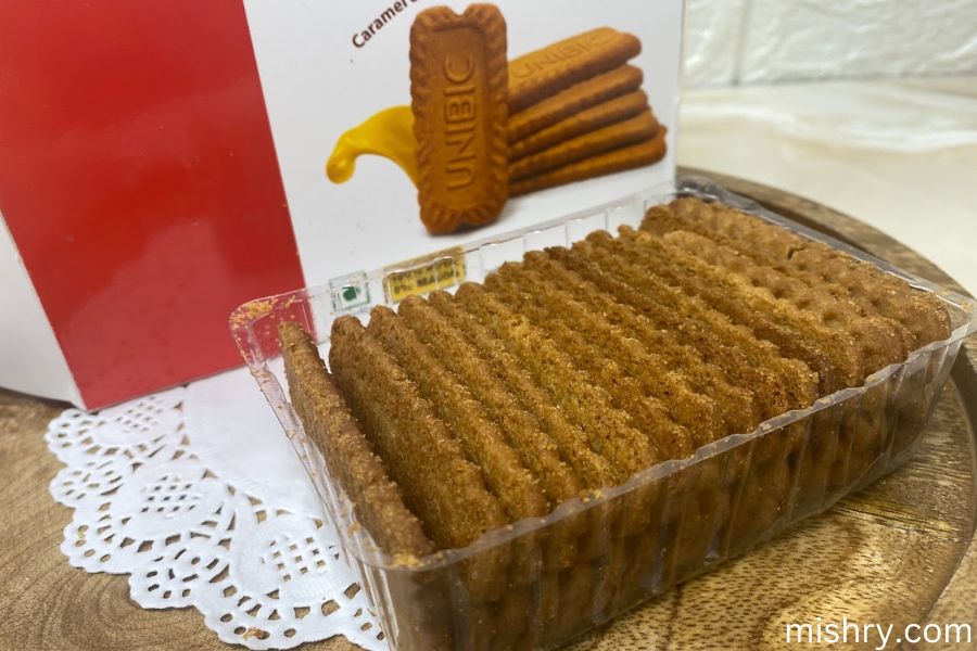 Unibic caramel and cinnamon biscuits inside packing