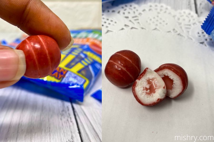 close look at center fruit cricket ball chewing gum