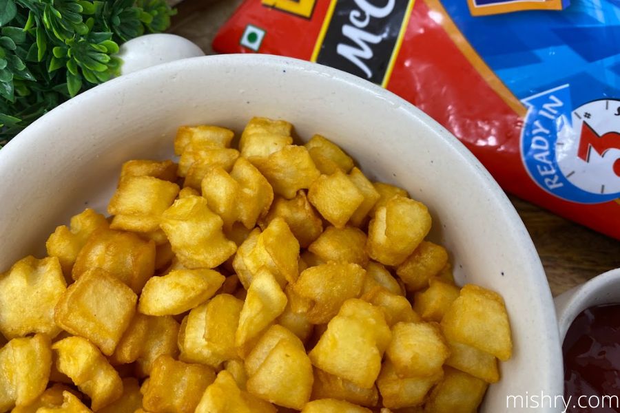 close look at the popcorn fries post frying