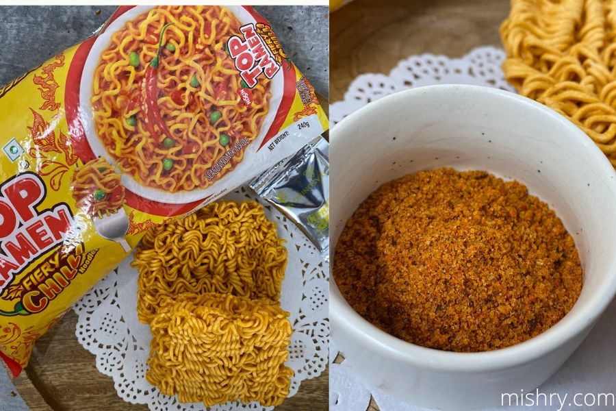 Top ramen fiery chilli noodles and the seasoning mix