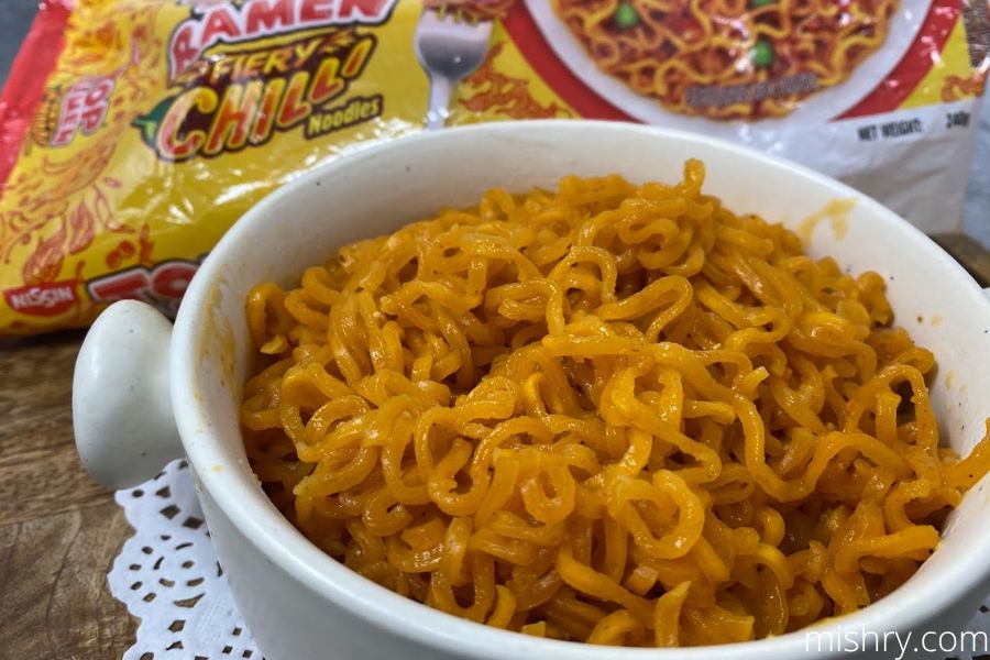 macro shot of Top ramen fiery chilli noodles